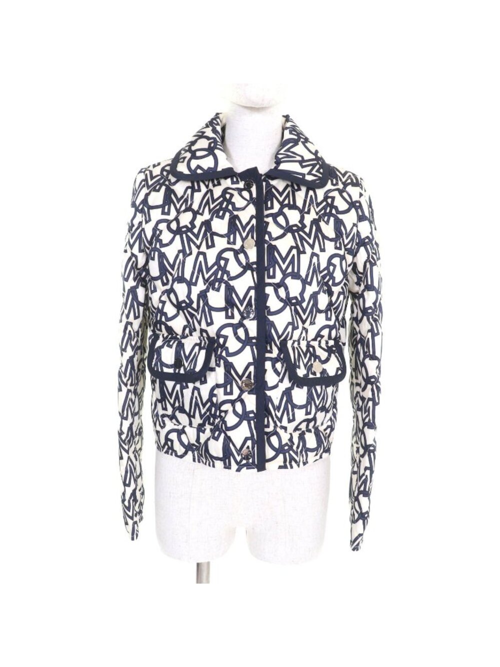 Moncler Ain Logo All Over Print with Patch Quilted Down Jacket Ivory Navy